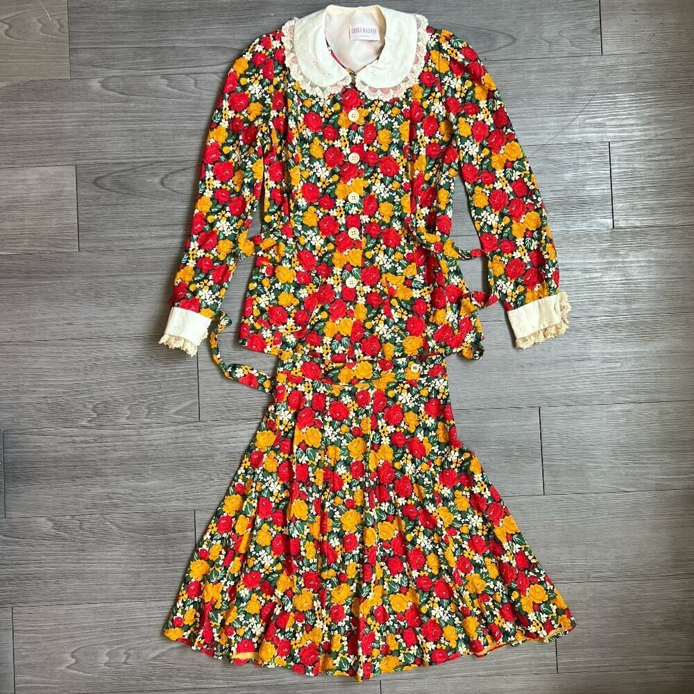 Vtg 70s Irene Kasmer Matching Floral Collared Blouse & Mini Skirt Set Size XS
